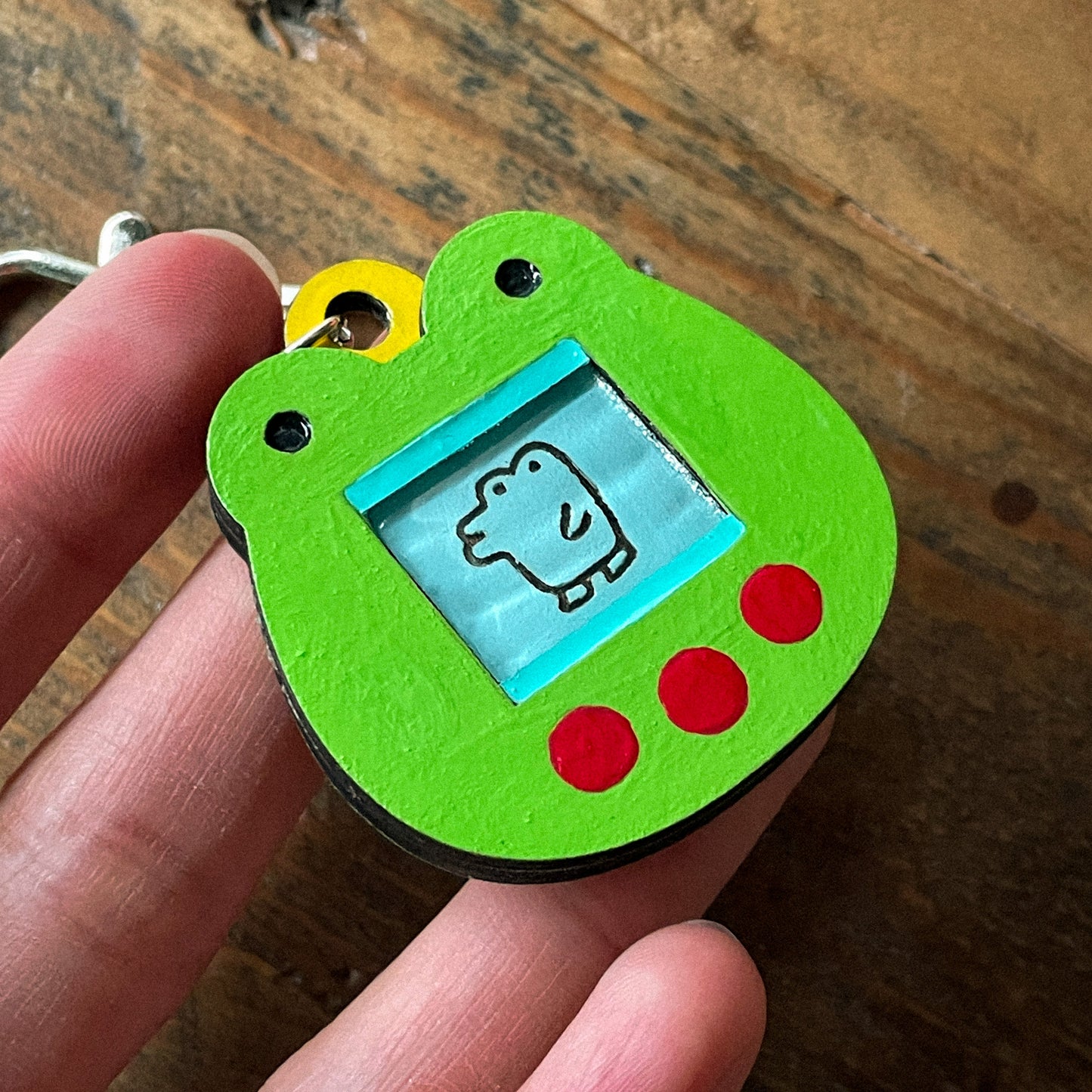 Tamagotchi Inspired Wood Keychain