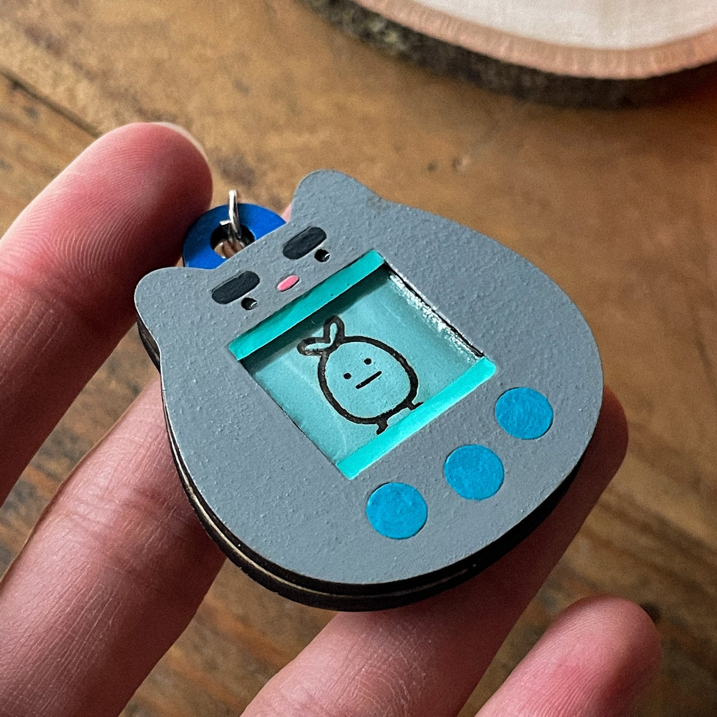 Tamagotchi Inspired Wood Keychain