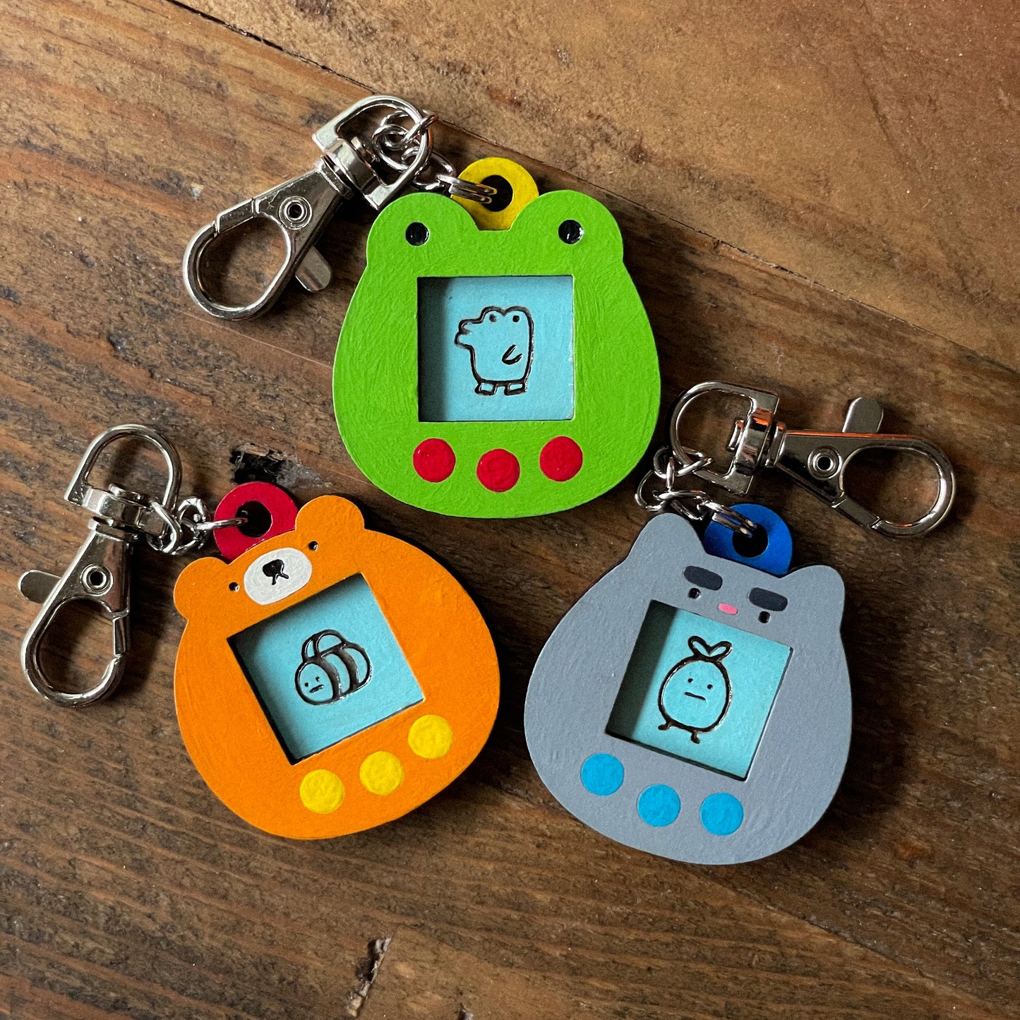 Tamagotchi Inspired Wood Keychain