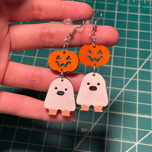 Ghost & Pumpkin Wood Earrings