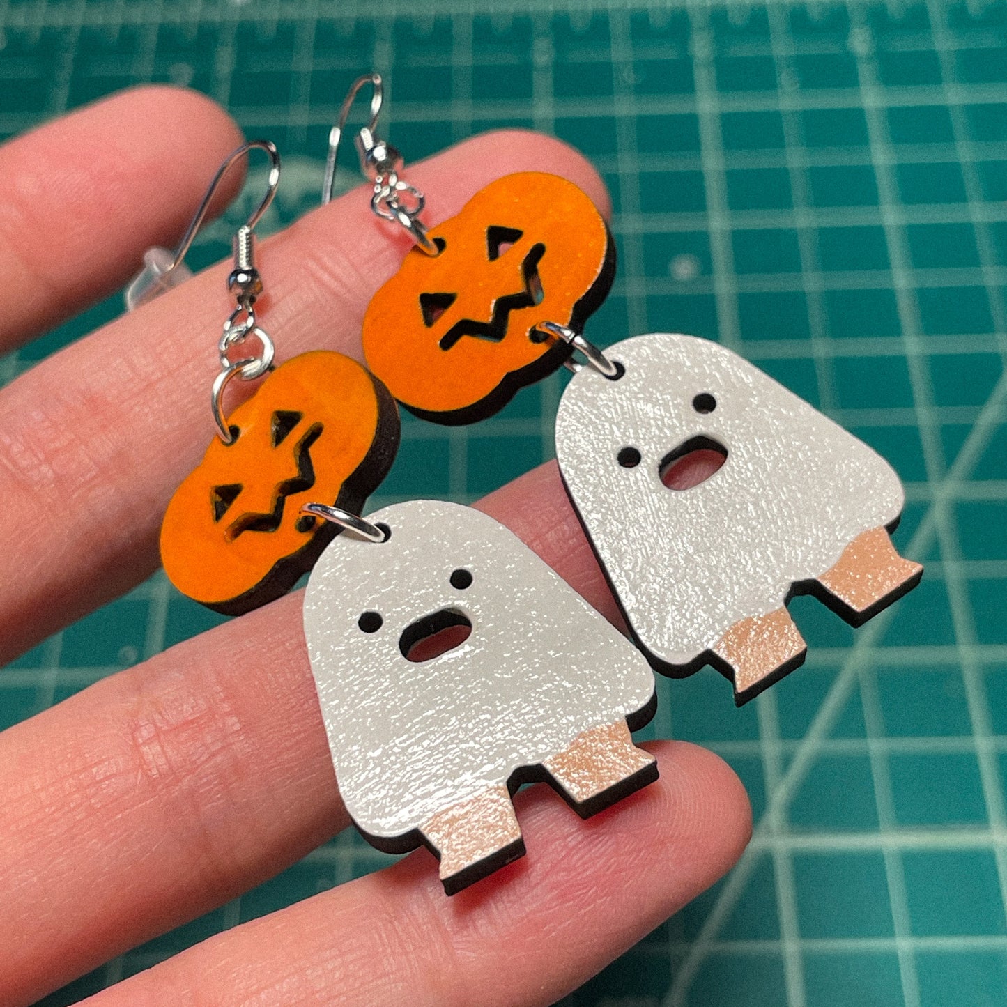 Ghost & Pumpkin Wood Earrings