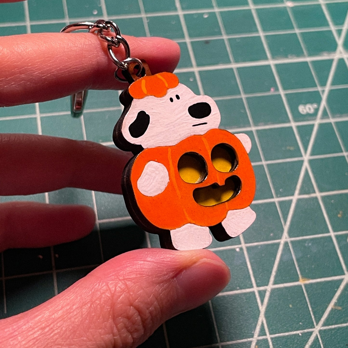 Pumpkin Pup Wood Keychain